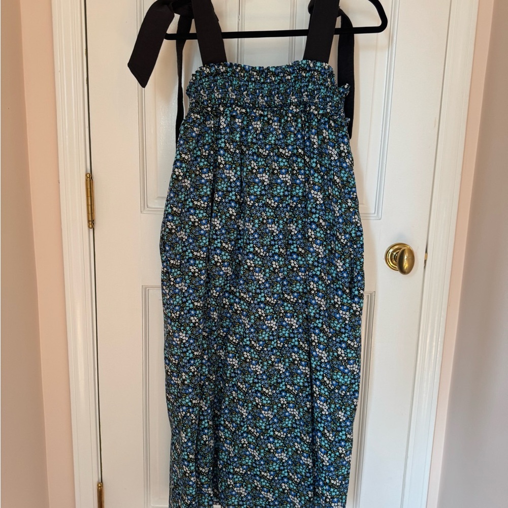 Blue Floral Dress with Black Straps